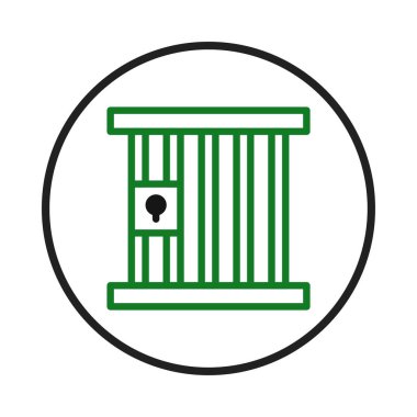 Biçimlendirilmiş yeşil doğrusal tasarım, hapsetme ve tutsaklığı temsil eden siyah bir çemberin içindeki parmaklıklı bir hücreyi tasvir eder. Basit ama etkili bir illüstrasyon, düz ve minimalist bir stil kullanır.