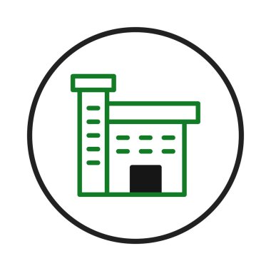 Yeşil çizgili bina siyah bir daire içinde, mimariyi ve modern endüstriyel tasarımı sembolize ediyor. Net ve geometrik şekiller sanayi, enerji üretimi, inşaat ve sembolize