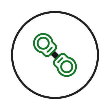 Bu resim, yeşil çizgilerle tasvir edilmiş ve beyaz bir arkaplan üzerine kurulmuş, biçimlendirilmiş soyut bir bağlantı veya dambıl şeklinde bir konnektör görüntüler. Dizaynı çevreleyen siyah bir daire.,