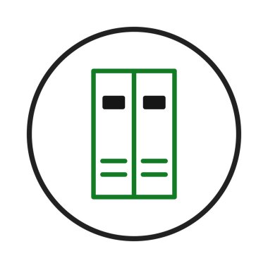 Bir dolap ikonunun minimalist vektör çizimi. Yeşil bir taslak, basit bir form, koyu siyah bir daire içinde, erişilebilir ve güvenli depolama çözümlerini sembolize ediyor. Eğitim için mükemmel.