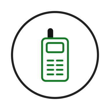 İzole edilmiş bir illüstrasyon, klasik bir cep telefonunun basit, stilize edilmiş bir tasvirini tasvir eder. Siyah bir çemberle çevrelenmiş resimde telefonun gövdesini, ekranını ve tuş takımını oluşturan yeşil çizgiler yer alıyor.,