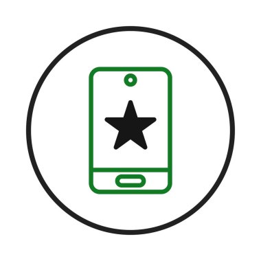 Minimalist mobil uygulama simgesi yeşil çizgili akıllı telefon şeklinde bir yıldız sunar. Sembol beyaz zemin üzerinde beyaz çizgiler ile tasarlanmış, siyah bir daire şeklinde çevrelenmiş,