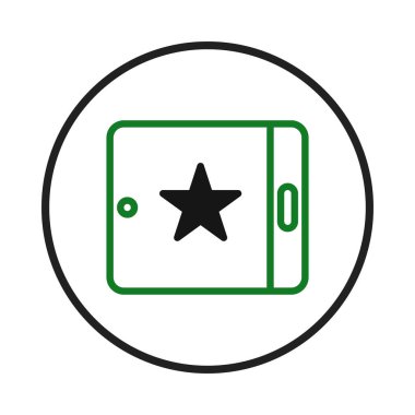 Dijital tabletin minimalist bir temsili merkezinde belirgin bir yıldız sembolü barındırır. Uygulama kalitesini, kullanıcı geribildirimini ve gelişmeleri iletir. Teknoloji ve iş için uygun.,