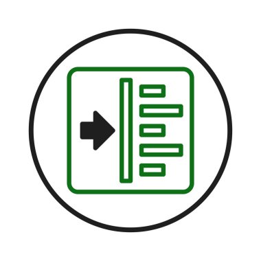 Yapılandırılmış liste elemanlarını içeren dikdörtgen çerçeveye giren sola dönük bir oku gösteren bir simge veri transferini gösterir. Dairesel bir sınır içinde tasarlanan vektör grafiği