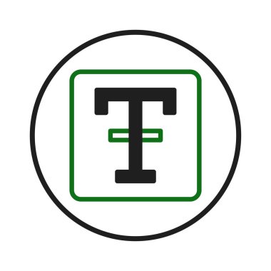 Siyah renkli T harfi, yeşil bir kareye yerleştirilmiş, siyah bir çemberin içinde, modern bir marka kimliği veya ayırt edici bir monogram için uygun bir görsel temsil sunar. Geometrik