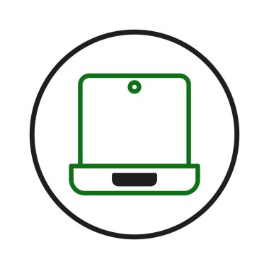 Minimalist dijital bir illüstrasyon sembolik bir dizüstü bilgisayar ikonu sunar. Tanımlanmış dairesel bir hatlar içinde oluşturulan tasarım, teknolojik entegrasyon ve dijital erişilebilirliği iletir.,