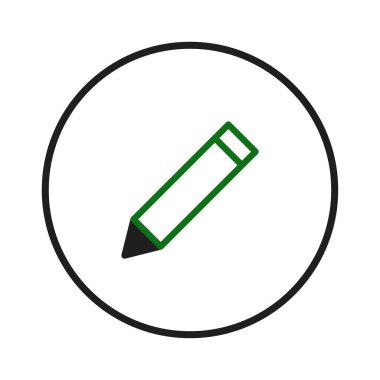 Bu resim, taslak oluşturma veya düzenleme özünü temsil eden temiz beyaz bir arkaplan karşısında siyah bir çemberin içine gizlenmiş yeşil bir kalem ikonu içeren minimalist bir tasarım sergiliyor.