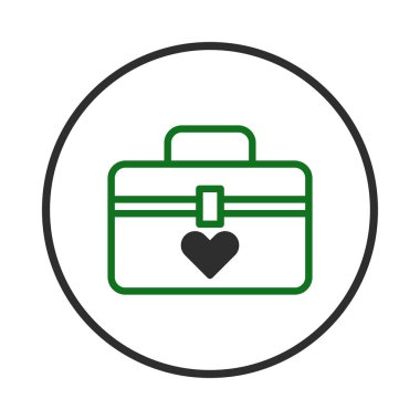 Minimalist yeşil bir evrak çantası ikonu, işe olan sevgiyi ya da iş yerinde önemsemeyi sembolize eden bir kalbe sahiptir. Bu sembol, iş hayatına, profesyonel bakıma ve ahenge olumlu bir yaklaşımı temsil ediyor.