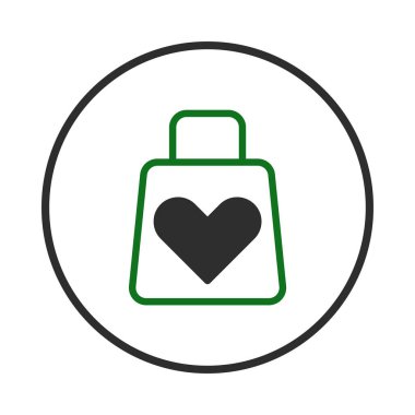 Basit bir grafik, içinde belirgin bir kalp bulunan bir alışveriş poşeti simgesini içerir. Tasarım, eko-bilinçli tüketim, çevrimiçi perakende satış ve değer verilen veya sunulan