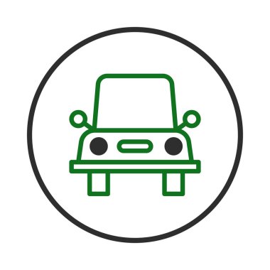 Dairesel bir sınır içinde yeşil bir aracın ön görüntüsünü içeren basit, temiz bir simge tasarımı. Bu, ulaşım, otomotiv temaları veya seyahat uygulamalarını temsil eder ve çeşitli şekillerde kullanılabilir