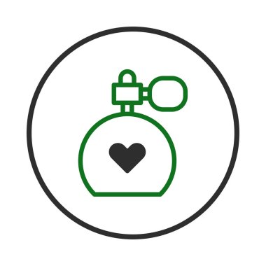 Minimalist bir illüstrasyonda kalp sembollü bir parfüm şişesi, sevgi ve şefkat havası yayar, tasarım zarafeti somutlaştırır ve güzellik, kozmetik veya romantik için idealdir.