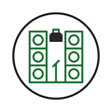 Bu resim bir ses sisteminin basit bir grafik gösterimini gösterir. Tasarım bir mikrofon standının her iki tarafında da iki hoparlör içeriyor, canlı müzik veya bir sunum için kurulum öneriliyor. Şey...