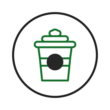 Basit ve temiz bir ikon, yeşil çizgili bir kahve fincanı ve bir siyah halka tasvir eder. Bu da popüler bir içecek olduğunu gösterir. Logolar, web siteleri, menüler, uygulamalar ve markalaşma için minimalist tasarım ideal