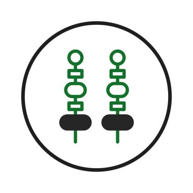 Bir daire içinde istiflenmiş geometrik şekillerle temsil edilen iki kebap şişini gösteren temiz ve modern bir illüstrasyon. Tasarım, beyazın üzerindeki yeşil ve siyah çizgiler kullanılarak biçimlendirilmiş ve minimalisttir.