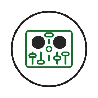 Bir minimalist illüstrasyon dairesel çerçevede elektronik müzik karıştırma konsolunu tasvir eder, ses sinyali işleme ve modülasyon kontrollerine odaklanır. Tasarım işlevselliği vurgular