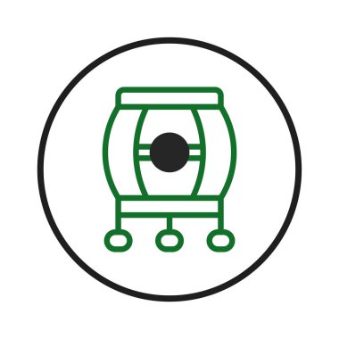 Minimalist yeşil ve siyaha boyanmış, taşımacılık veya ürün tanıtımı için uygun tekerlekli bir fıçının sanatsal çizimi. Yaratıcı tasarım benzersiz bir yapıyı vurguluyor ve