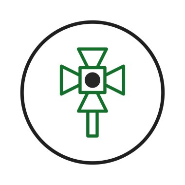 Tarzlı bir illüstrasyon siyah bir küre etrafında merkezlenmiş yeşil yonca yaprağı tasarımı içerir, hepsi tek renkli dairesel bir çerçeve içinde gömülüdür, somutlaştırıcı basitlik ve grafik berraklığı, logo için uygundur.