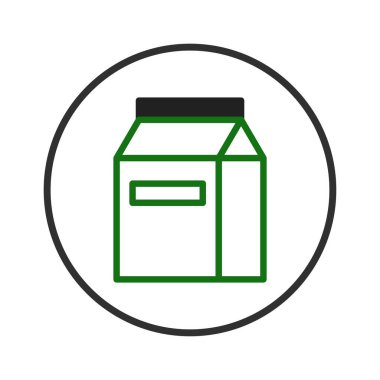 Bir minimalist illüstrasyon, bir ürün simgesini temsil eden dairesel çerçeve içinde bir süt paketi sergiliyor. Bu resim gıda ticareti, marka kimlik kavramları veya taşımacılık için uygundur