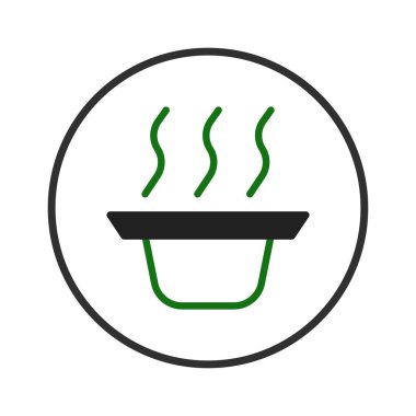 Minimalist vektör illüstrasyonunda bir daire içinde buharlaşan yemek, sıcak mutfağı, lezzetli yemekleri ve yemek deneyimlerini sembolize eder. Gıda içeriği, menü tasarımı veya restoran için ideal