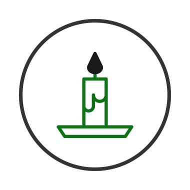 Bir vektör grafiği, yanan fitili olan stilize edilmiş yeşil bir mum sunar. Barışı, anıları veya ruhani anları simgeler. Dairesel bir arkaplana dayanan minimalist tasarım,
