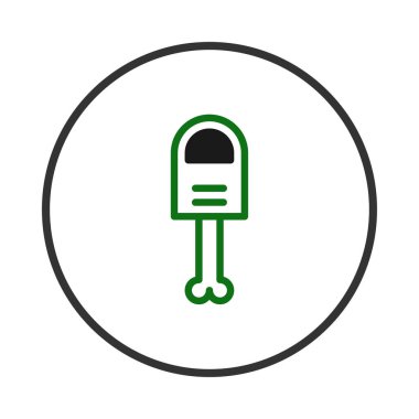 Bu kaprisli bir çöp kutusunun minimalist bir çizimi. Tasarım, koyu siyah bir alan ve çizgilere sahip yeşil bir ana hata sahiptir. Sapı, kemiğe benzer. Şakacı bir dokunuş katar.