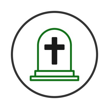 Minimalist bir vektör grafiği stilize edilmiş bir mezar taşı sunar. Siyah zemin ile çevrili beyaz bir zemin üzerinde koyu siyah bir haç bulunur. Temiz satırlarla hazırlanan bu tasarım, şu temaları çağrıştırır: