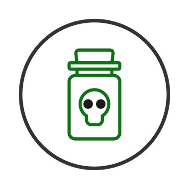 Kafatasıyla süslenmiş yeşil bir zehir şişesi ikonunun olduğu bir resim, hepsi de koyu bir hatla sunuluyor. Bu görsel olarak çarpıcı görüntü çeşitli tasarım projeleri için uygundur.
