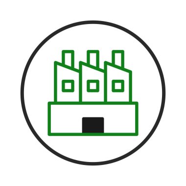Minimalist bir taslak, imalat, iş, enerji ve çevre temalarını sembolize eden bir sanayi fabrikasını tasvir ediyor. Tasarım sanayiyi temsil ediyor, altyapıyı vurguluyor,