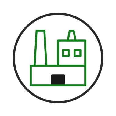 Minimalist yeşil bir hat, bir daire içine çevrili, bacalı bir fabrika binasını tasvir eder. Basit illüstrasyon etkili bir şekilde endüstriyel aktiviteyi, üretim süreçlerini ve