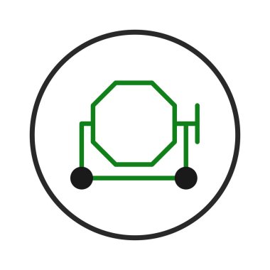 Çimento karıştırıcısını sunan stilize edilmiş dijital bir illüstrasyon. Yapımda anahtar bir cihaz. Tasarım, açık bir zemin üzerinde yeşil çizgiler ve siyah daireler kullanarak basitliğe odaklanıyor. Kapalı