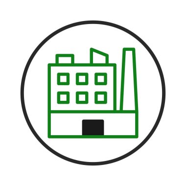 Üretim ve enerji temalarını vurgulayan geometrik tasarımı olan basit bir yeşil fabrika ikonu. Görüntü modern endüstriyel süreçleri bacası olan yapılandırılmış bir bina içinde aktarıyor.