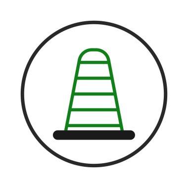 Dairesel bir çerçevede yeşil ve siyah bir trafik konisi tasviri, güvenlik önlemleri ve geçici uyarıları temsil ediyor. Bu grafik ögesi, engelleri işaret ederek, ihtiyatı vurguluyor,