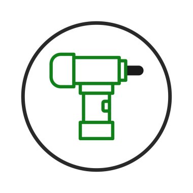 Bu resim dairesel çerçevede ortalanmış minimalist bir yeşil matkap ikonunu gösteriyor. İnşaat, onarım, ev yapımı ve modern aletler gibi kavramları temsil eder.