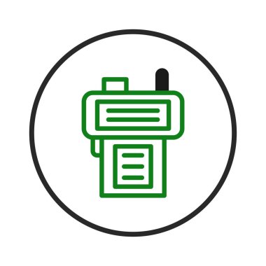 Yeşil hatlı bir telsizin minimalist çizimi bir bağlantı ve teknik erişilebilirlik hissini iletir. Bu simge modern iletişim yöntemlerini ve teknolojiyi temsil etmek için idealdir.