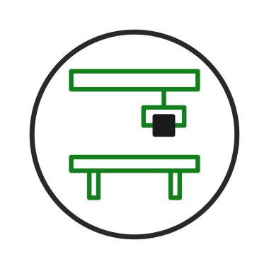 Basitleştirilmiş bir illüstrasyon tasarımı otomatik endüstriyel işlemleri gösteriyor. Robot bir kol bir objeyi tezgahın üstüne yerleştiriyor. Doğrusal biçim ve temiz estetik vurgu imalatı