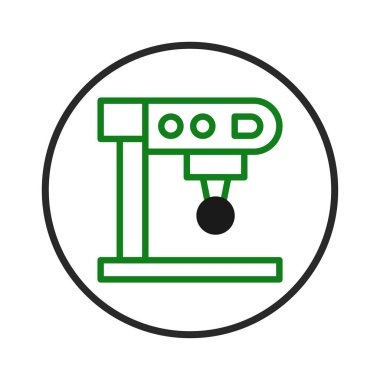 Modern, temiz bir kahve makinesi tasarımı, çok az tasvir edilmiş. Beyaz bir arka planda, dairesel bir sınırla kaplanmış yeşil bir ana hatla yer alıyor. Bu resim simge olarak kullanmak için idealdir,