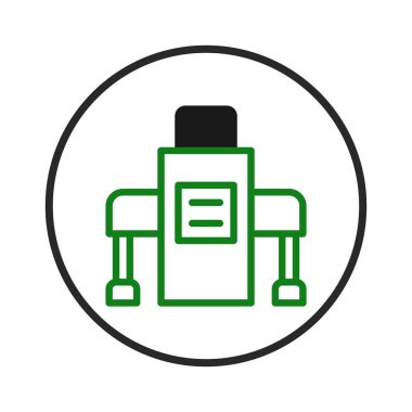 Temiz yeşil çizgileri olan, modern imalatı sembolize eden otomatikleştirilmiş bir simge. Bu tasarım endüstriyel otomasyonun ve teknolojik gelişimin özünü yakalar.