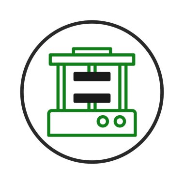 Bu çağdaş tasarım bir daire içinde minimalist illüstrasyonda basit ve zarif bir aygıt sergiliyor. Yeşil ve siyah tonlu simge, teknik hassasiyeti vurguluyor.