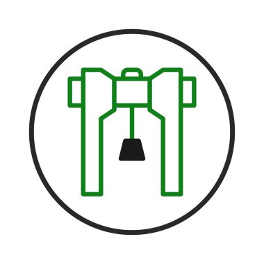 Bu stil çizimi bir üstten vinç tasvir ediyor. Modern, minimalist tarzda yapılmış, beyaz arkaplana karşı yeşil çizgiler ve siyah aksanlar temiz, tanınabilir bir sembol oluşturur