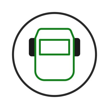 Dairesel bir ikon olarak tasarlanmış kaynak maskesinin stilize edilmiş bir tasviri. Beyaz arka plandaki yeşil çizgi ona temiz ve modern bir estetik veriyor. Bu endüstriyel güvenliğin sembolü.,