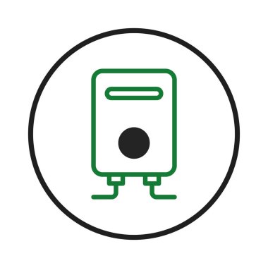 Siyah bir daire içinde merkezli yeşil bir ısıtıcının ana hatlarını içeren bir ikon, verimli ev ısıtma sistemleri ve teknolojik çözümleri sembolize ediyor. Modern ev aletlerini temsil eder ve
