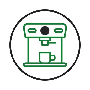 Basit bir vektör illüstrasyonunda stilize edilmiş bir kahve makinesi simgesi sergilenir. Tasarım, temiz yeşil bir taslak, bir kahve fincanı ve siyah bir nokta içeriyor. Hepsi koyu siyah bir daire içinde kaplanmış.