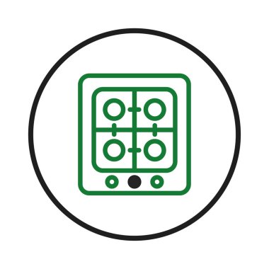 Kalın siyah bir çemberle çevrili temiz, yeşil bir ocak kaplaması. Bu modern tasarım ev yemeği ve mutfak işlevselliğini çağrıştırıyor. İkonun basit estetiği kendini