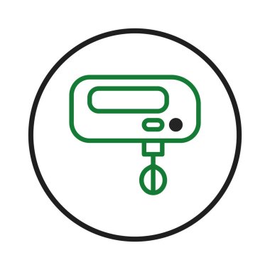 Temiz ve modern bir vektör ikonu, yemek tarifleri, yemek siteleri ya da mutfak aletleri promosyonları için mükemmel bir el karıştırıcı sergiliyor. Yeşil çizgiler taze ve davetkar.