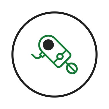 Bir el mikserinin modern ve minimalist çizimi. Temiz çizgiler ve canlı yeşil ve siyah renk düzeniyle gösterilmiş. Dairesel çerçeve içinde kapsülleştirildiğinde, bu tasarım mutfak için idealdir