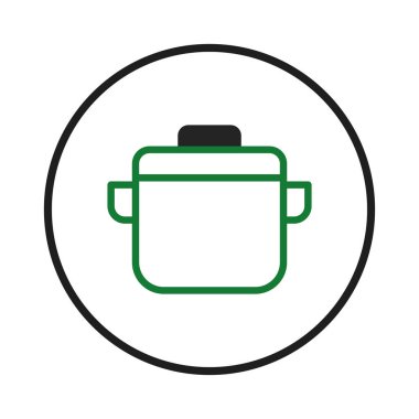 Çembersel bir amblem içerisindeki katıksız beyaz arka plana karşı yeşil ve siyah çizgilerle çizilmiş kapaklı bir yemek tenceresinin sade bir tasviri. Bu grafik temsil etmek için mükemmel.