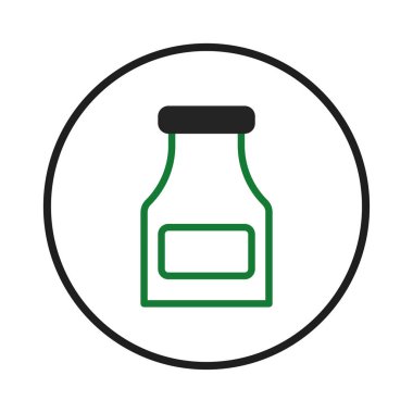 Dairesel çerçevede tasarım ve ürün ambalajına basit bir yaklaşımı temsil eden yeşil şişe taslağının minimalist bir tasviri. Simge, logo ögesi veya grafik olarak kullanılabilir