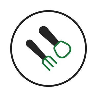 Dairesel bir hatla biçimlendirilmiş çatal ve kaşığın yer aldığı minimalist bir grafik. Tasarım yemek, yemek hazırlama ve mutfak aletleri hissini iletiyor. Siyah ve yeşil şekiller temiz bir hava sağlar.