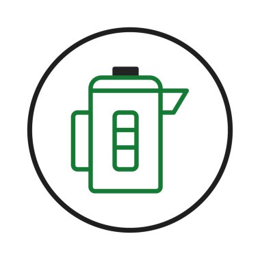 Dairesel çerçevede tasvir edilen elektrikli su ısıtıcısının temiz ve modern bir çizimi. Minimalist tasarım işlevselliği ve basitliği vurguluyor, çağdaş mutfak aletleri ve