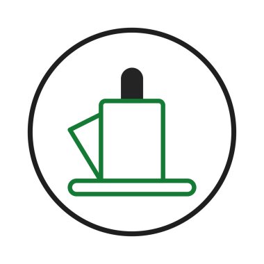 Kağıt havlu dağıtıcısının stilize edilmiş tasviri, temiz çizgiler ve minimalist tasarım kullanılıyor. Hijyen ve hijyen hizmetlerini temsil etmek, iç temizliği ve verimli kaynak kullanımını sembolize eder.